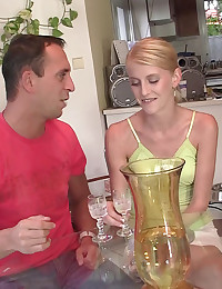 His hot and slutty blonde girlfriend gives his dad a blowjob and lets him in her wet cunt