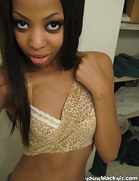 Long haired teen ebony girlfriend Jazmine showing big pierced nipples and spreading pussy